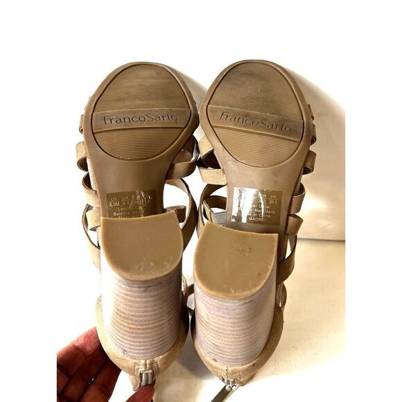 Franco Sarto Womens Sz 8.5 M Strappy Chunky Heels Open Toe Sandals Beige Leather - Picture 10 of 11